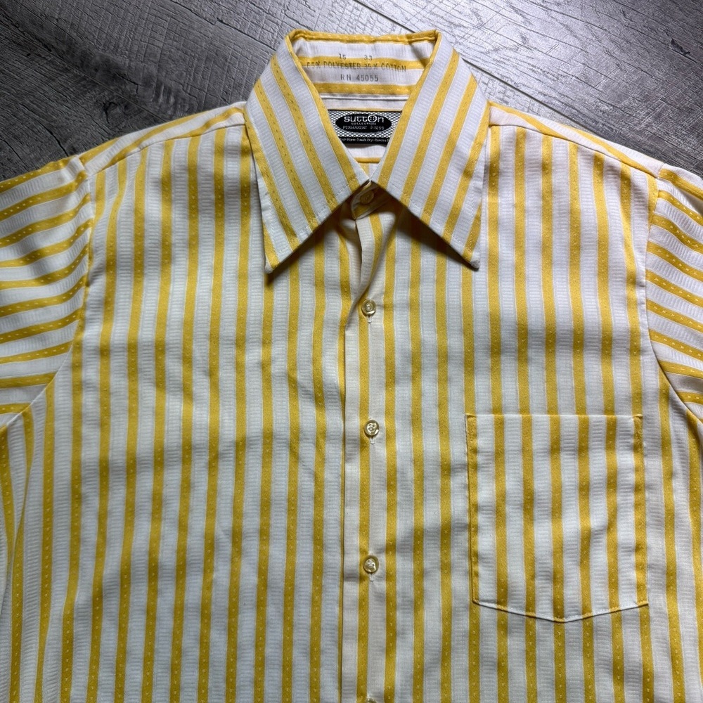 Vintage 70s Sutton Place Yellow Stripped‎ Button Up DaggrerCollar Size 15-33